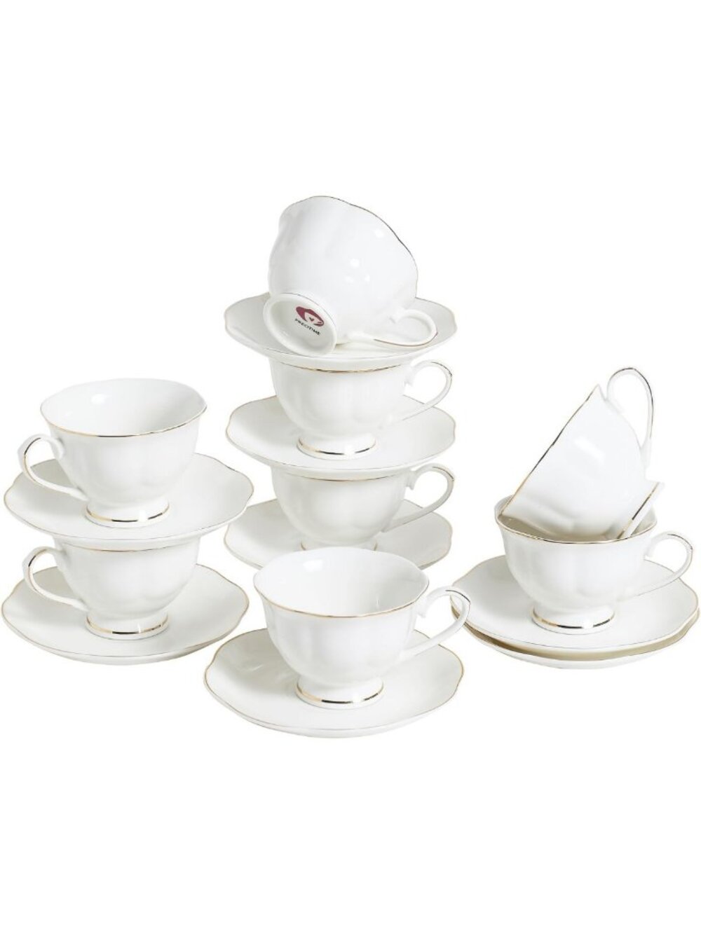 Elegant 6oz White Ceramic Tea Cup & Saucer Set of 8 with Gold Rim - Perfect for